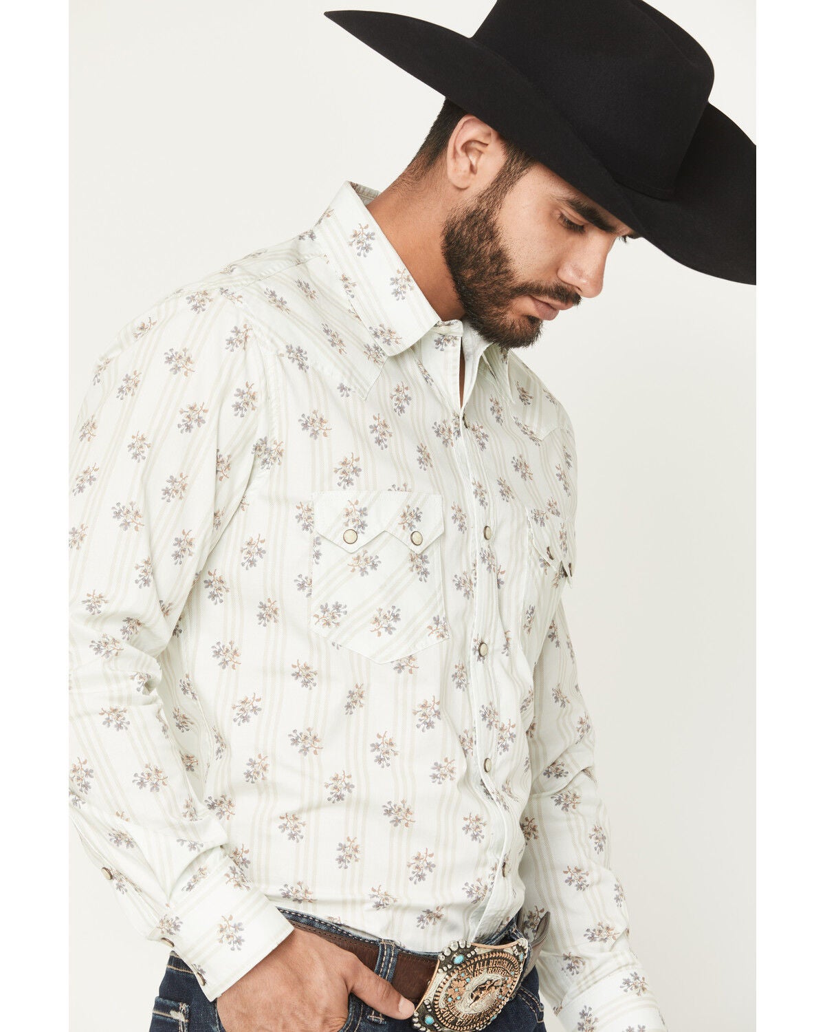 Image #2 - Rock & Roll Denim Men's Floral Print Long Sleeve Snap Stretch Western Shirt, Natural, hi-res