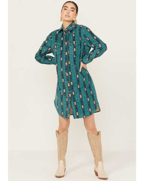 Wrangler Women's Southwestern Print Long Sleeve Mini Dress, Teal, hi-res
