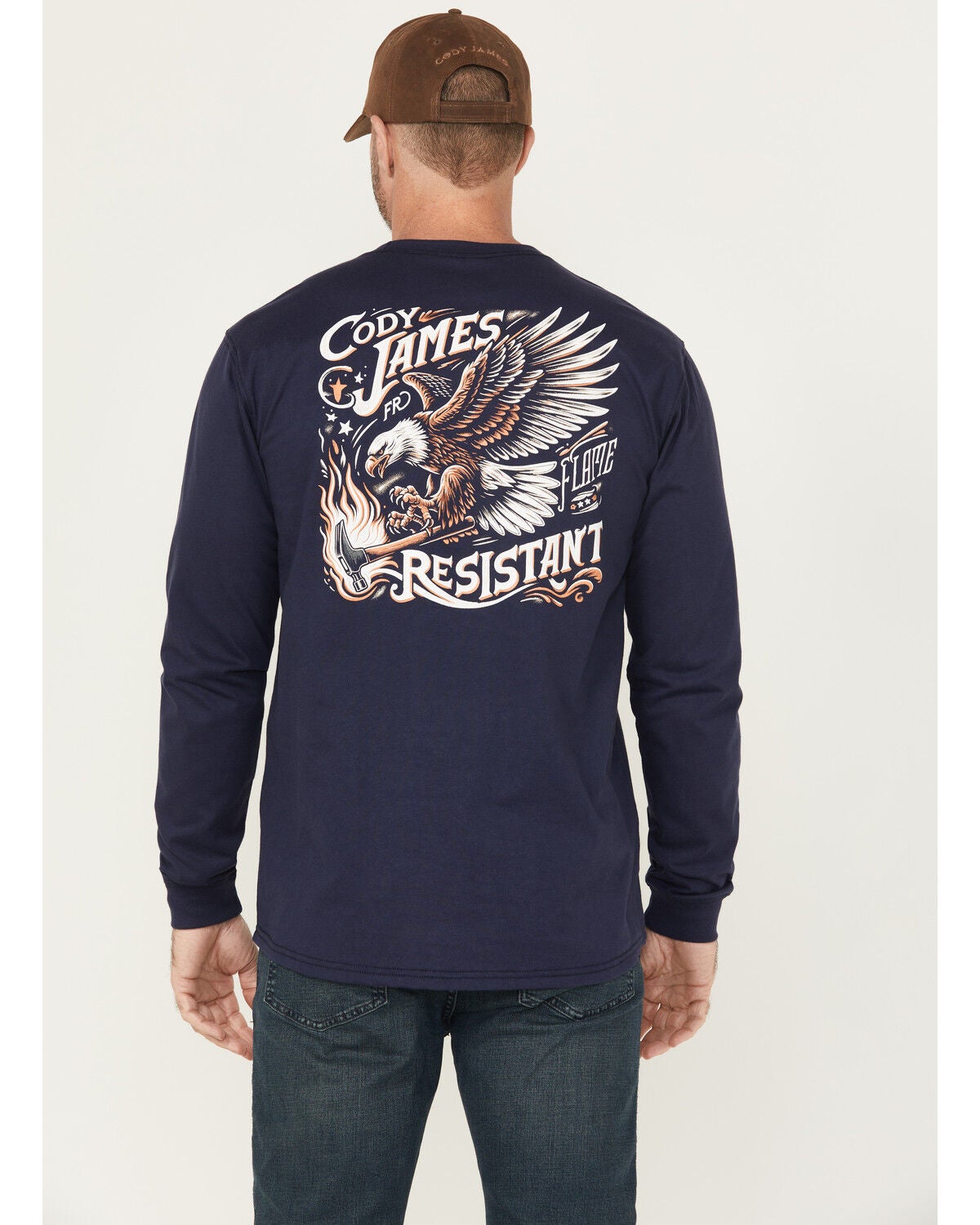 Cody James Men's FR Eagle Long Sleeve Graphic Work T-Shirt, Navy, hi-res