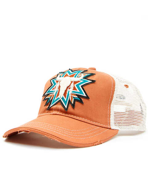 Image #1 - Shyanne Women's Southwestern Steerhead Embroidered Patch Mesh-Back Ball Cap , Chilli, hi-res