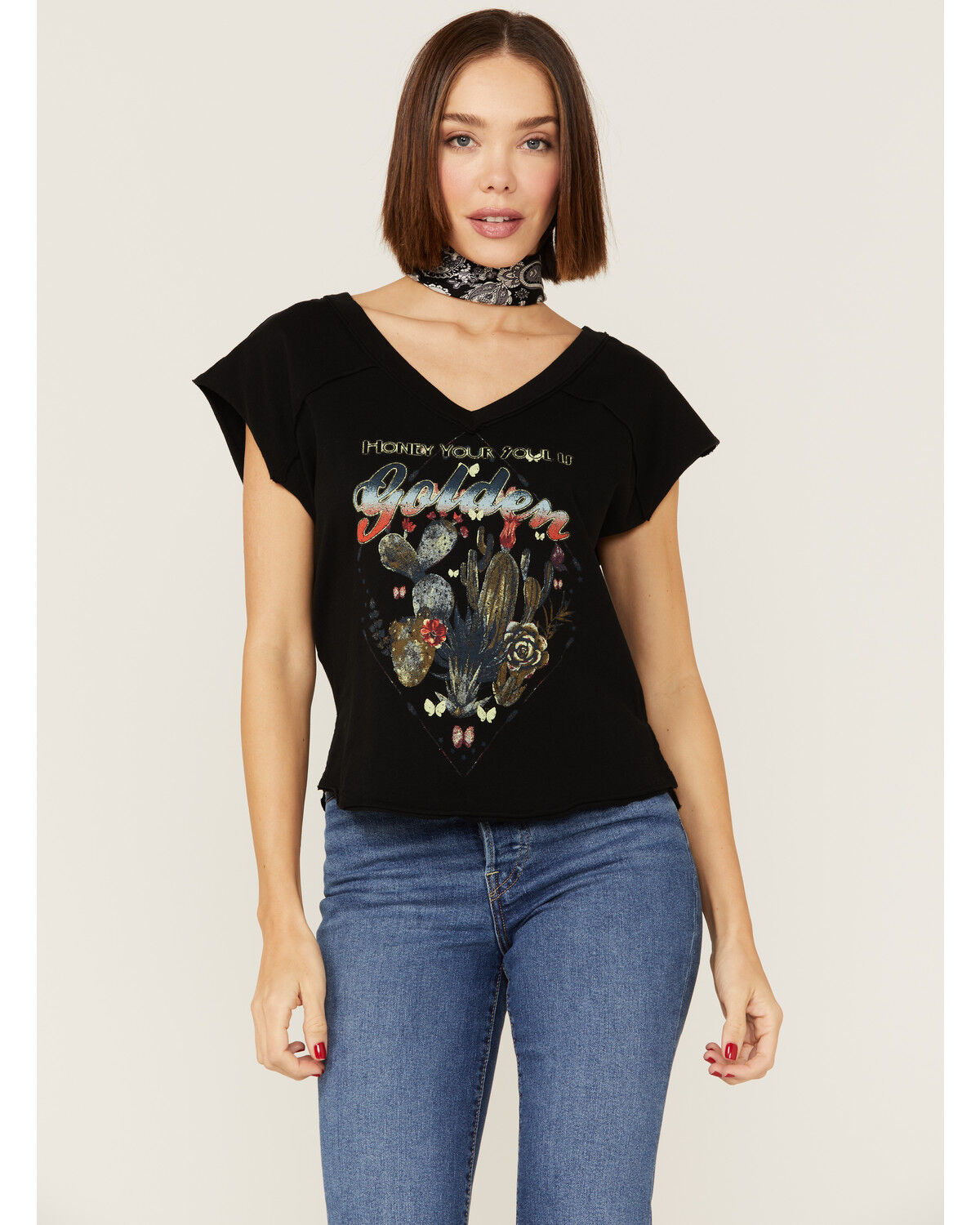 Image #1 - Shyanne Women's Honey Your Soul Is Golden Cactus Graphic Tee, Black, hi-res