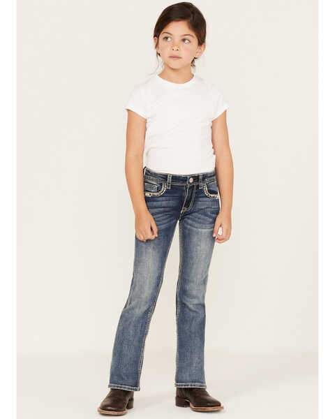 Image #3 - Grace in LA Girls' Medium Wash Mid Rise Embroidered Cactus Bootcut Jeans, Blue, hi-res