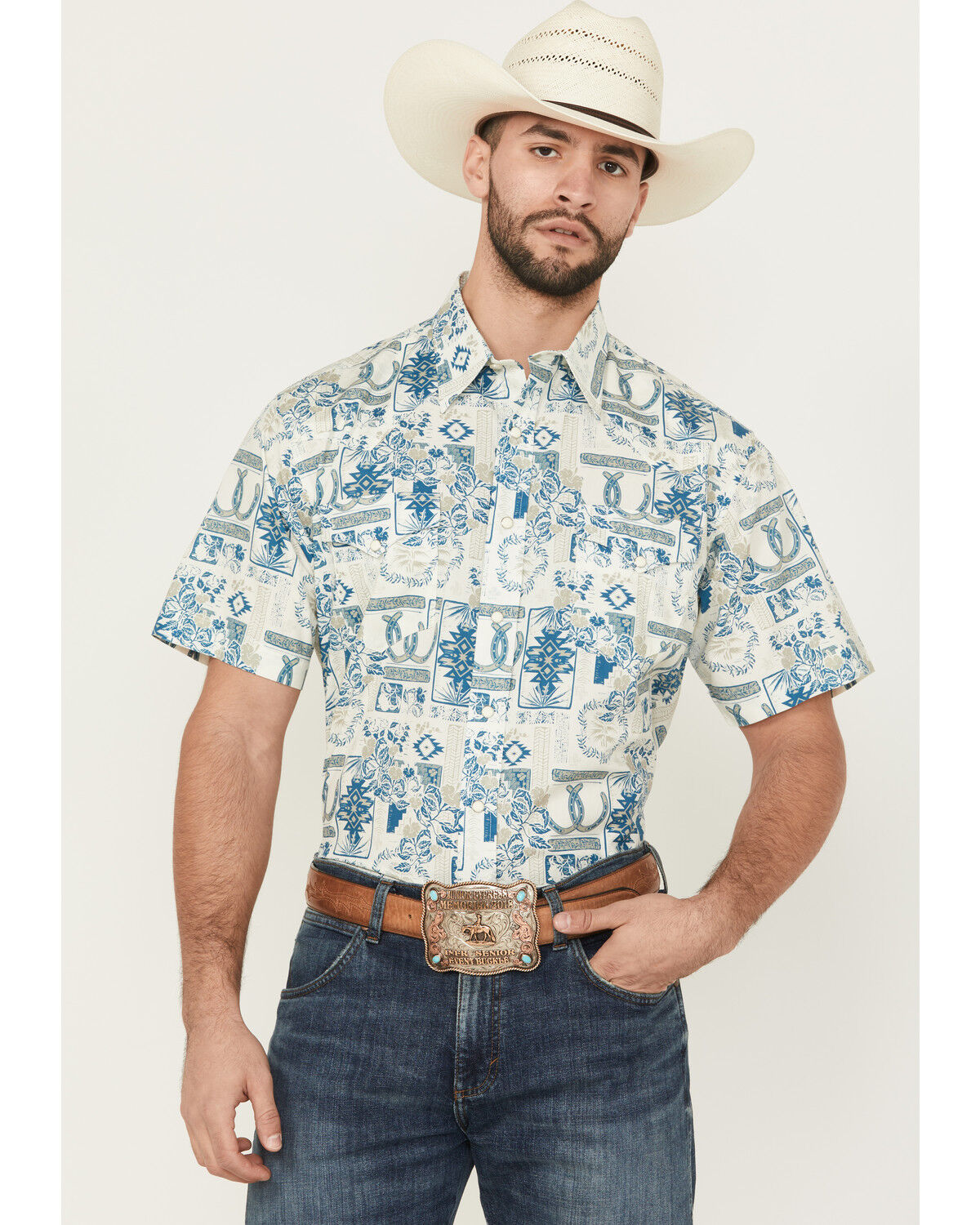 Image #1 - Roper Men's West Made Print Short Sleeve Snap Western Shirt, Cream, hi-res