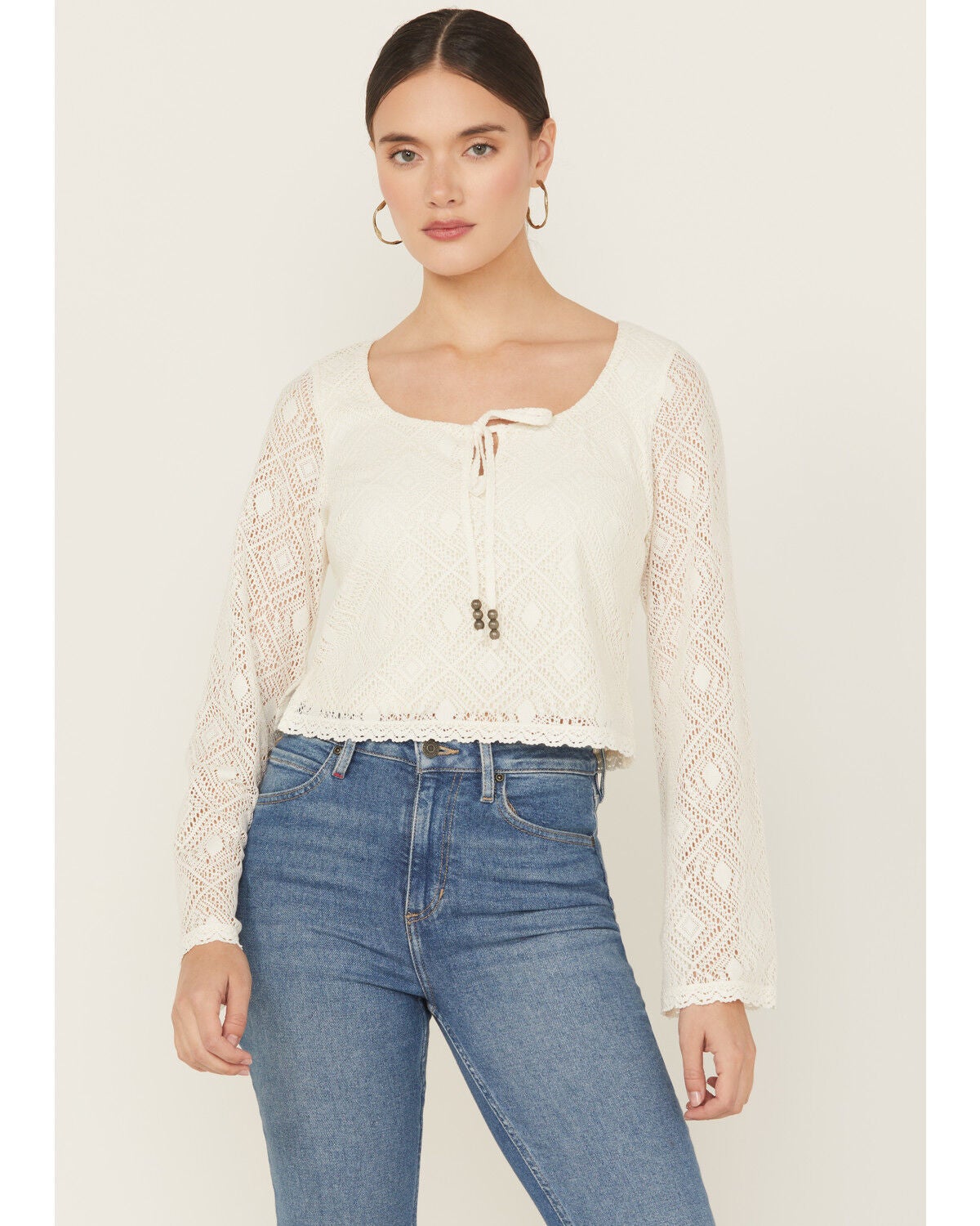 Idyllwind Women's Lacey Scoop Neck Bell Sleeve Crochet Top, Ivory, hi-res