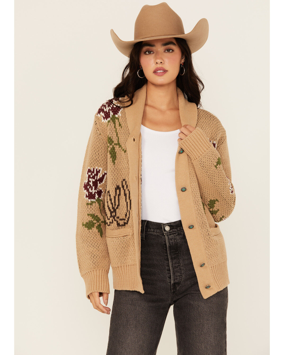 Image #1 - Tasha Pollizzi Women's Floral Horse Button-Down Sweater, Beige, hi-res