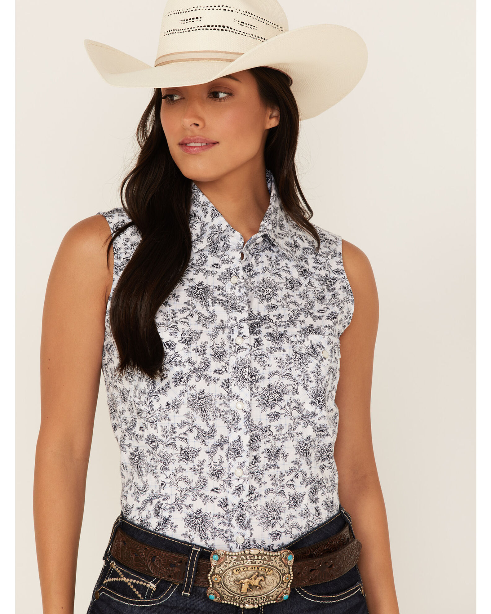 Rough Stock by Panhandle Women s Floral Paisley Print Sleeveless Pearl Snap Western Core Shirt