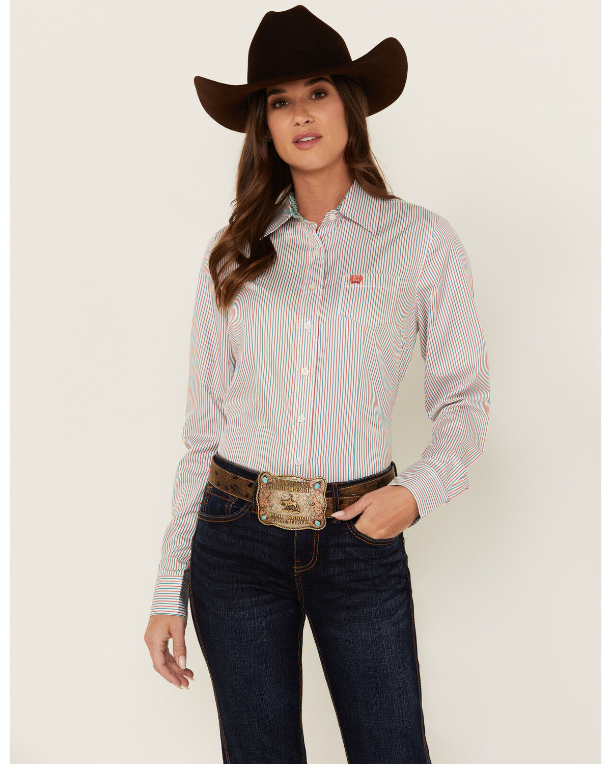 Image #1 - Cinch Women's Striped Long Sleeve Button-Down Western Shirt, Multi, hi-res