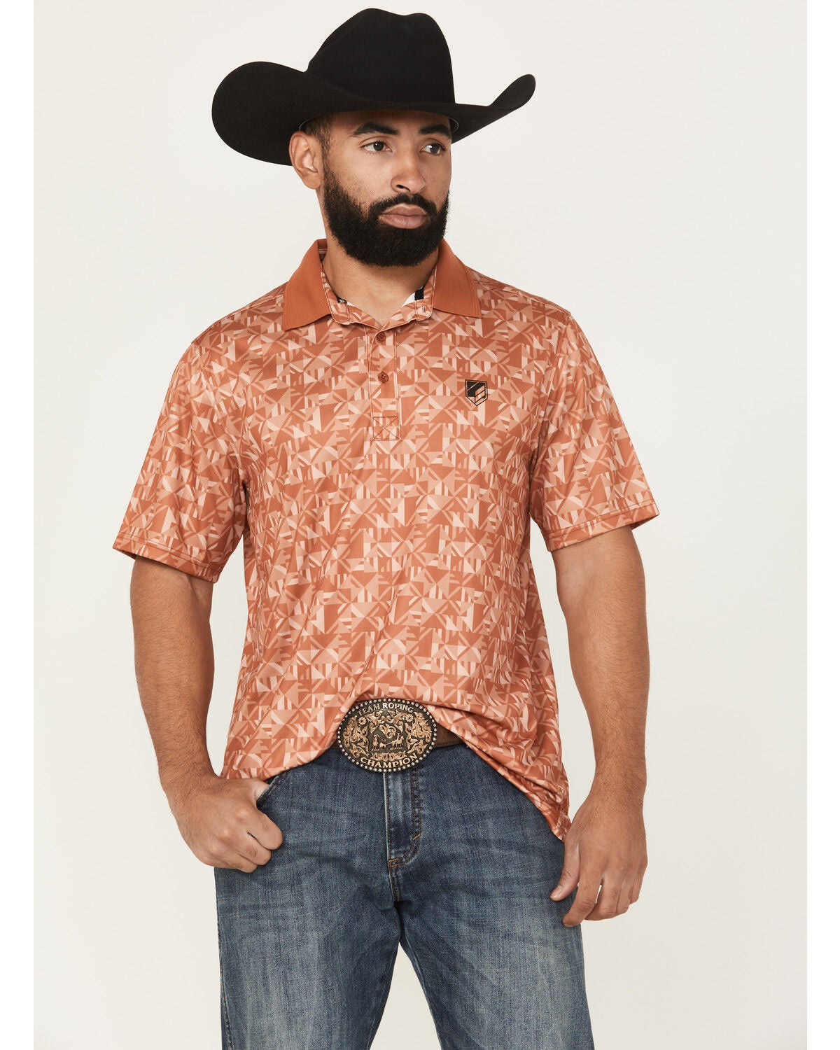 RANK 45&reg; Men's Uptown Southwestern Print Short Sleeve Button-Down Polo Shirt, Rust Copper, hi-res