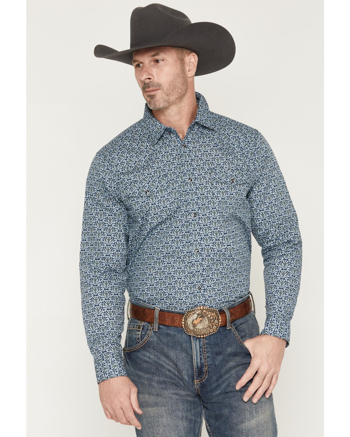 Image #1 - Gibson Trading Co Men's Evanscille Medallion Print Long Sleeve Snap Western Shirt, Navy, hi-res