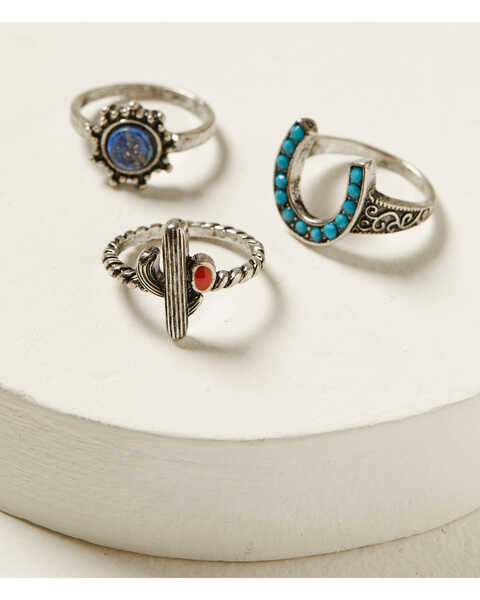 Shyanne Women's Silver 3-piece Cactus & Horseshoe Ring Set, Silver, hi-res