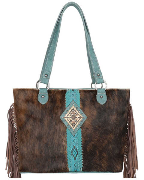 Montana West Women's Turquoise Trinity Ranch Hair-on Cowhide Collection Concealed Carry Tote Handbag, Turquoise, hi-res