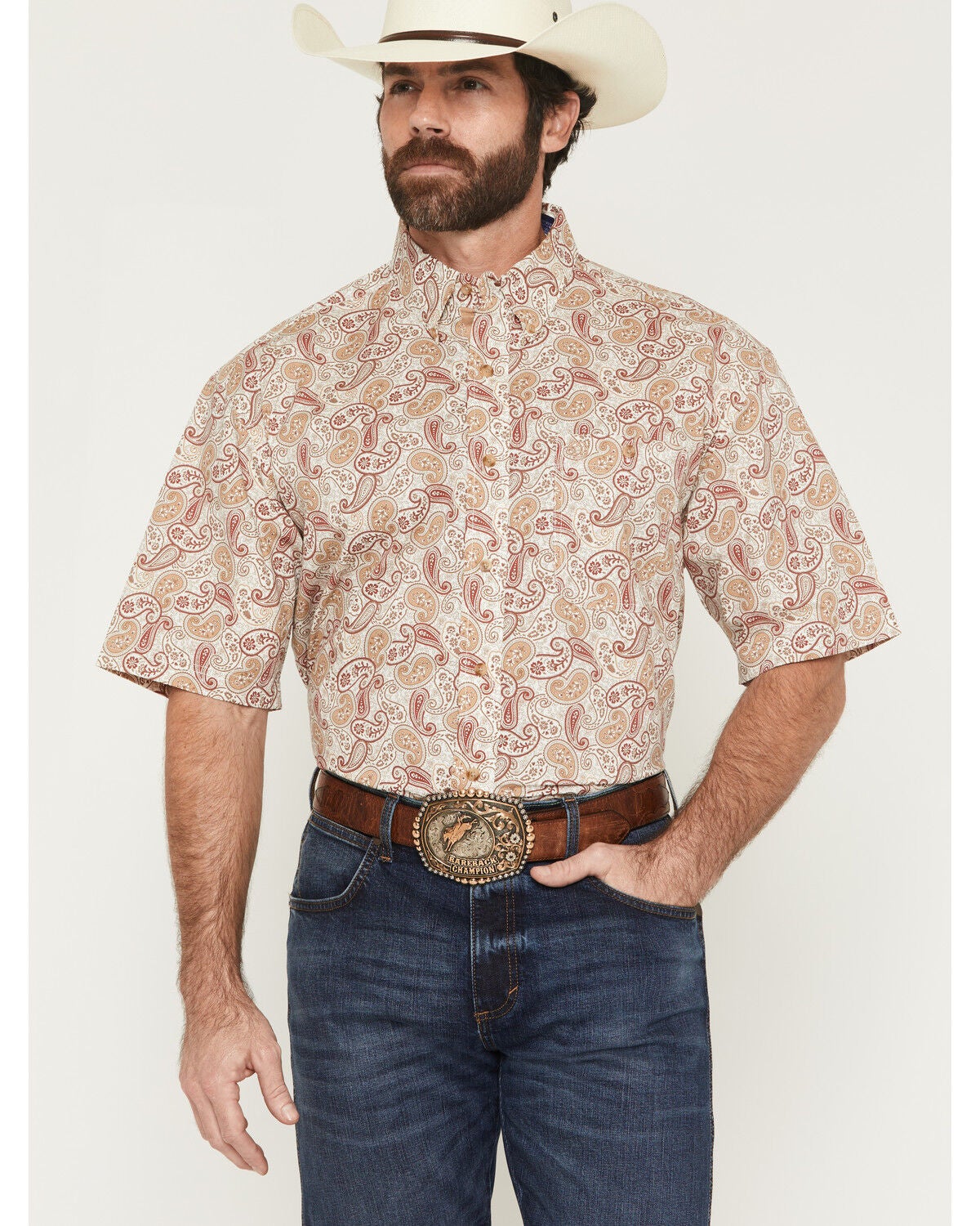 Image #1 - George Strait by Wrangler Men's Paisley Print Short Sleeve Button-Down Stretch Western Shirt, Tan, hi-res