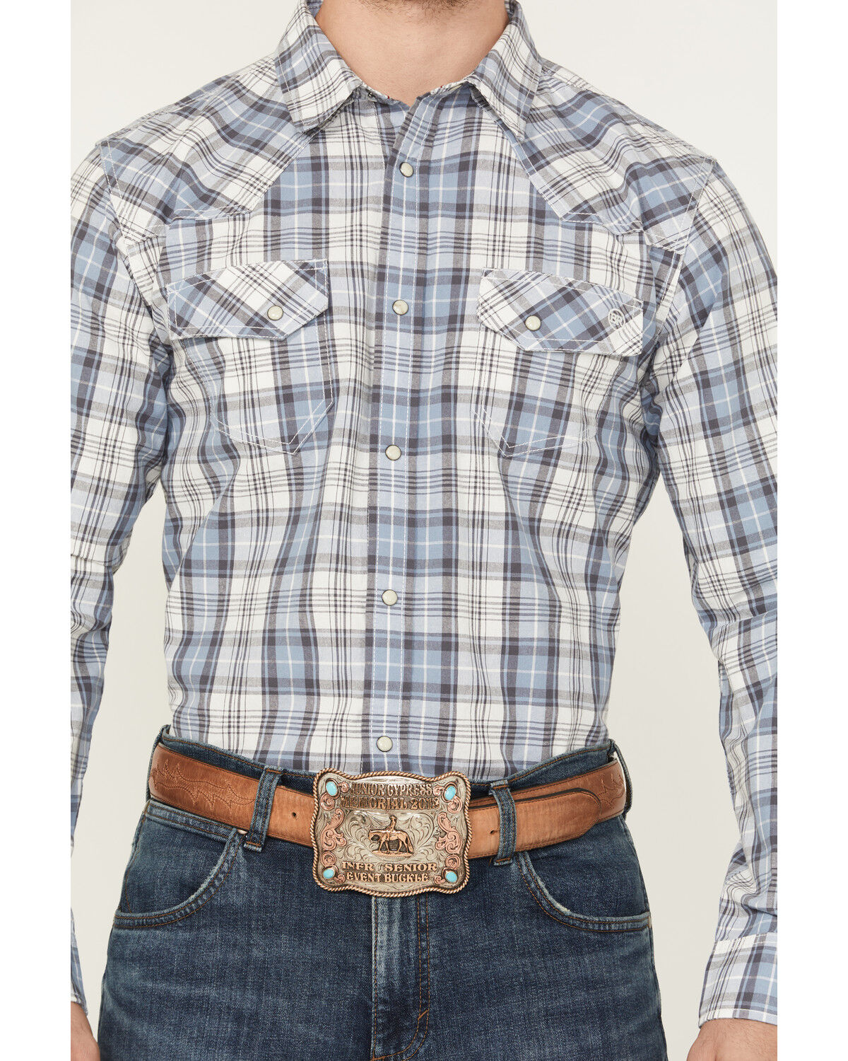 Image #3 - Blue Ranchwear Men's Meadow Plaid Print Long Sleeve Snap Western Shirt, Light Blue, hi-res