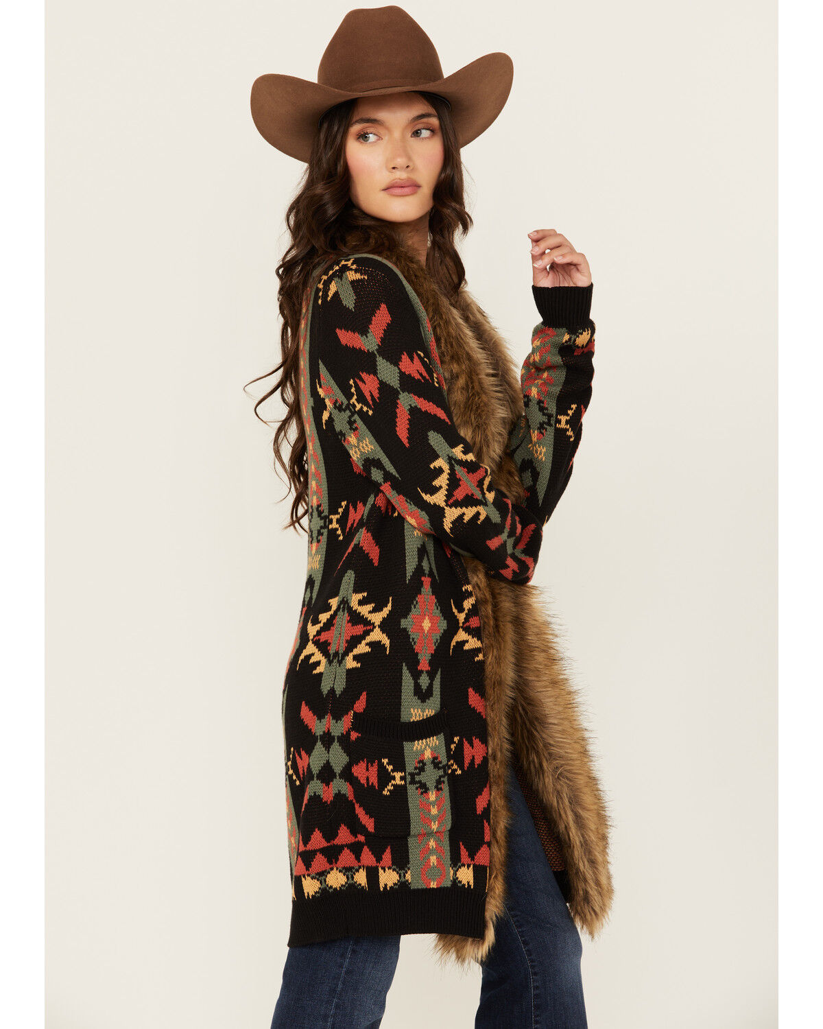 【人気No.1】 Panhandle Women's Cardigan Trim Fur Print Southwestern トップス