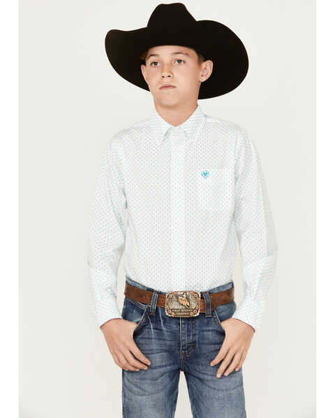 Ariat Boys' Kaine Classic Fit Long Sleeve Button Down Western Shirt, White, hi-res