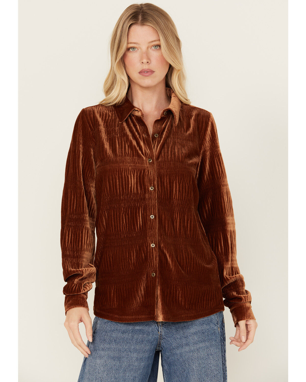 Image #1 - Rock & Roll Denim Women's Velvet Button Up Long Sleeve Shirt, Rust Copper, hi-res