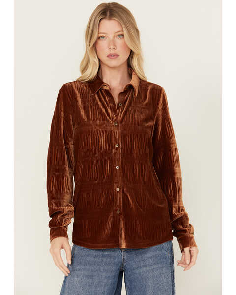 Image #1 - Rock & Roll Denim Women's Velvet Button Up Long Sleeve Shirt , Rust Copper, hi-res