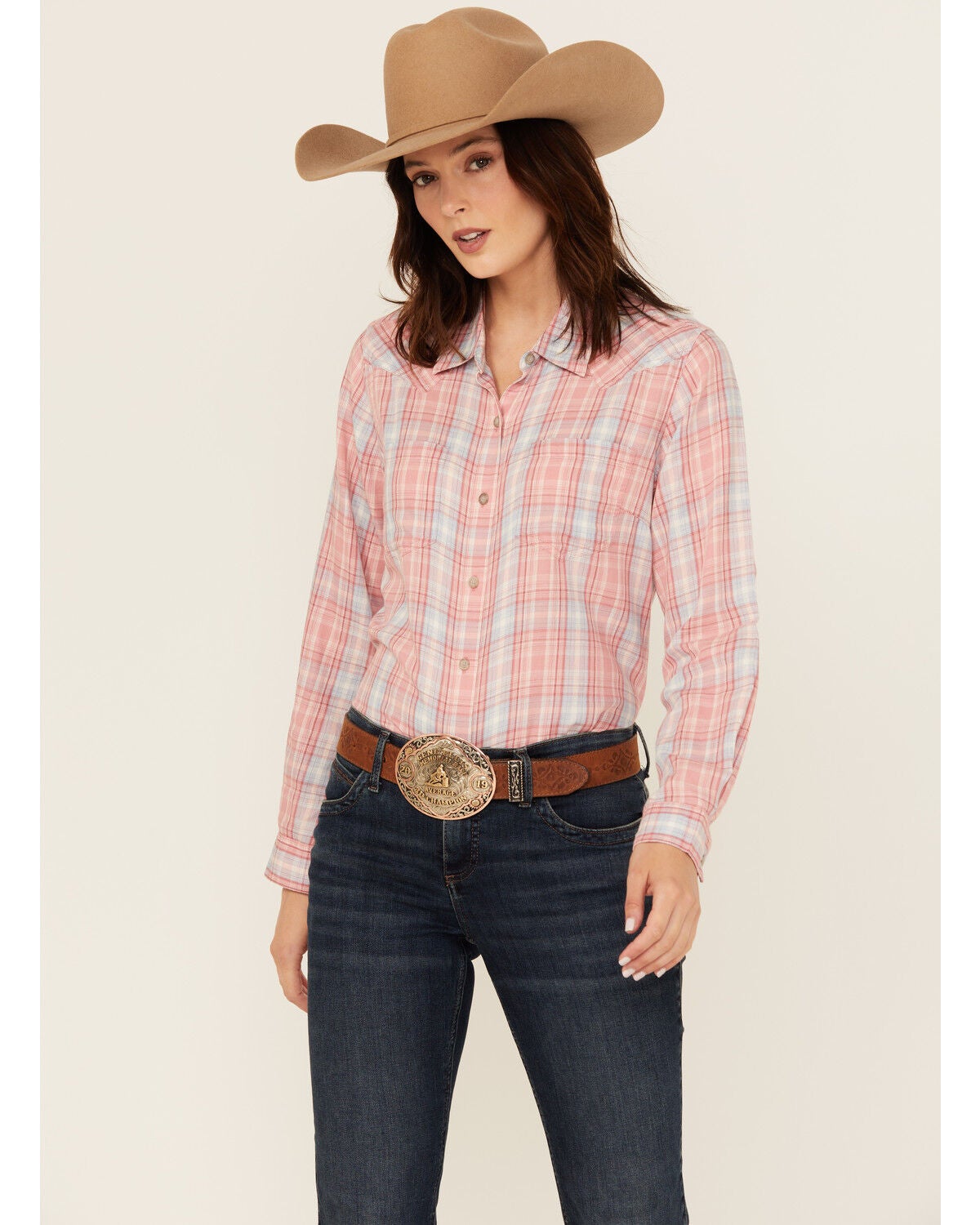 Ariat Women's Billie Jean Plaid Print Long Sleeve Button-Down Western Shirt, Rose, hi-res