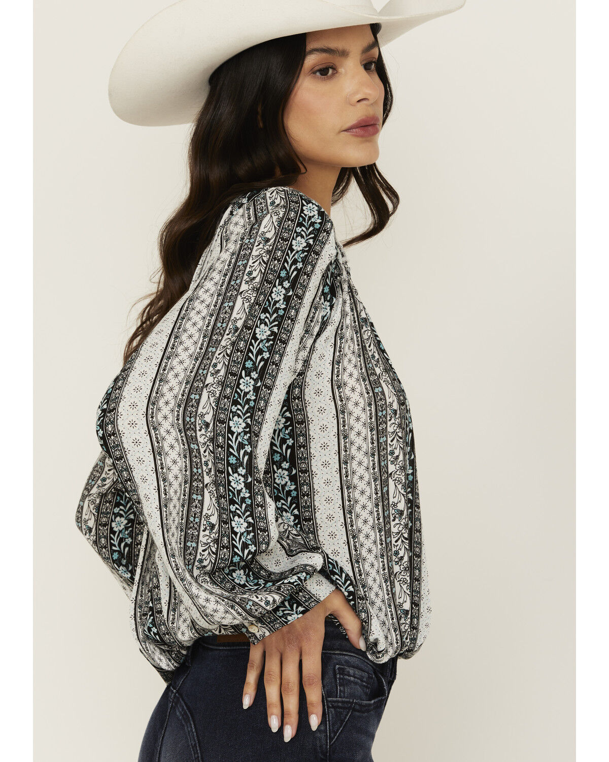 Image #2 - Wild Moss Women's Floral Striped Print Long Sleeve Peasant Shirt, Teal, hi-res