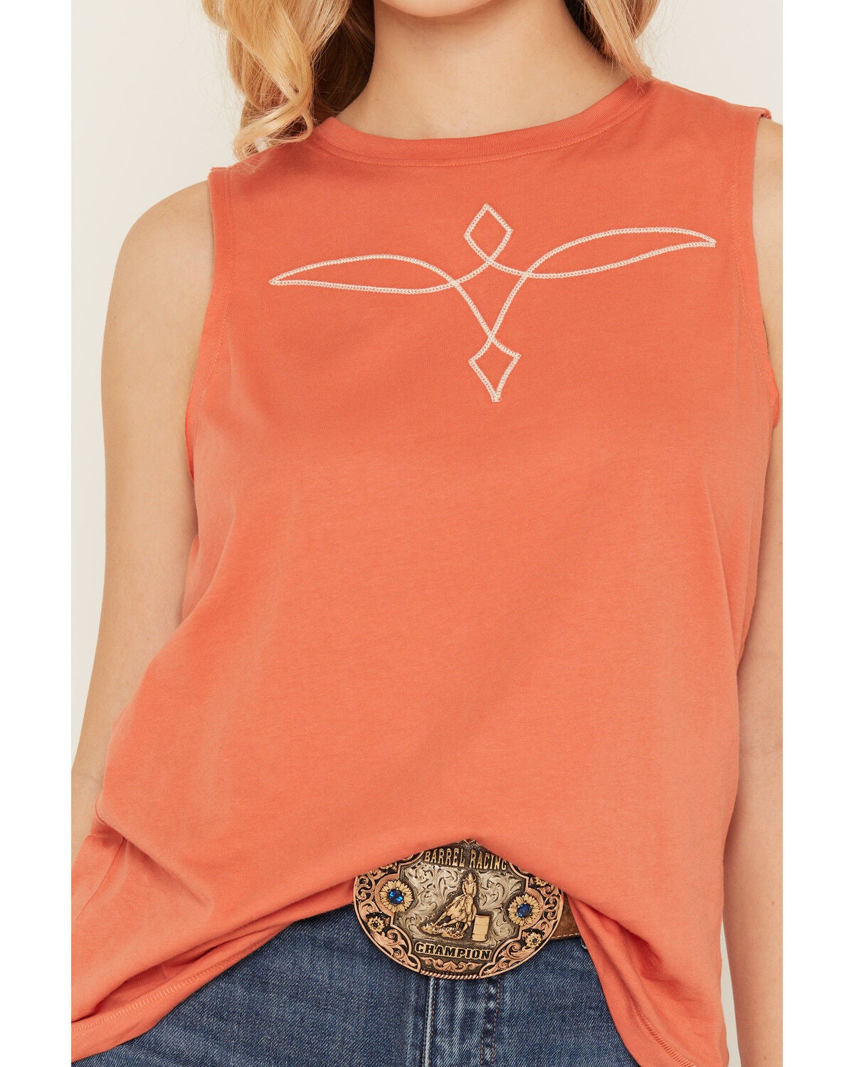Image #3 - Shyanne Women's Bootstitch Sleeveless Embroidered Tank Top, Coral, hi-res