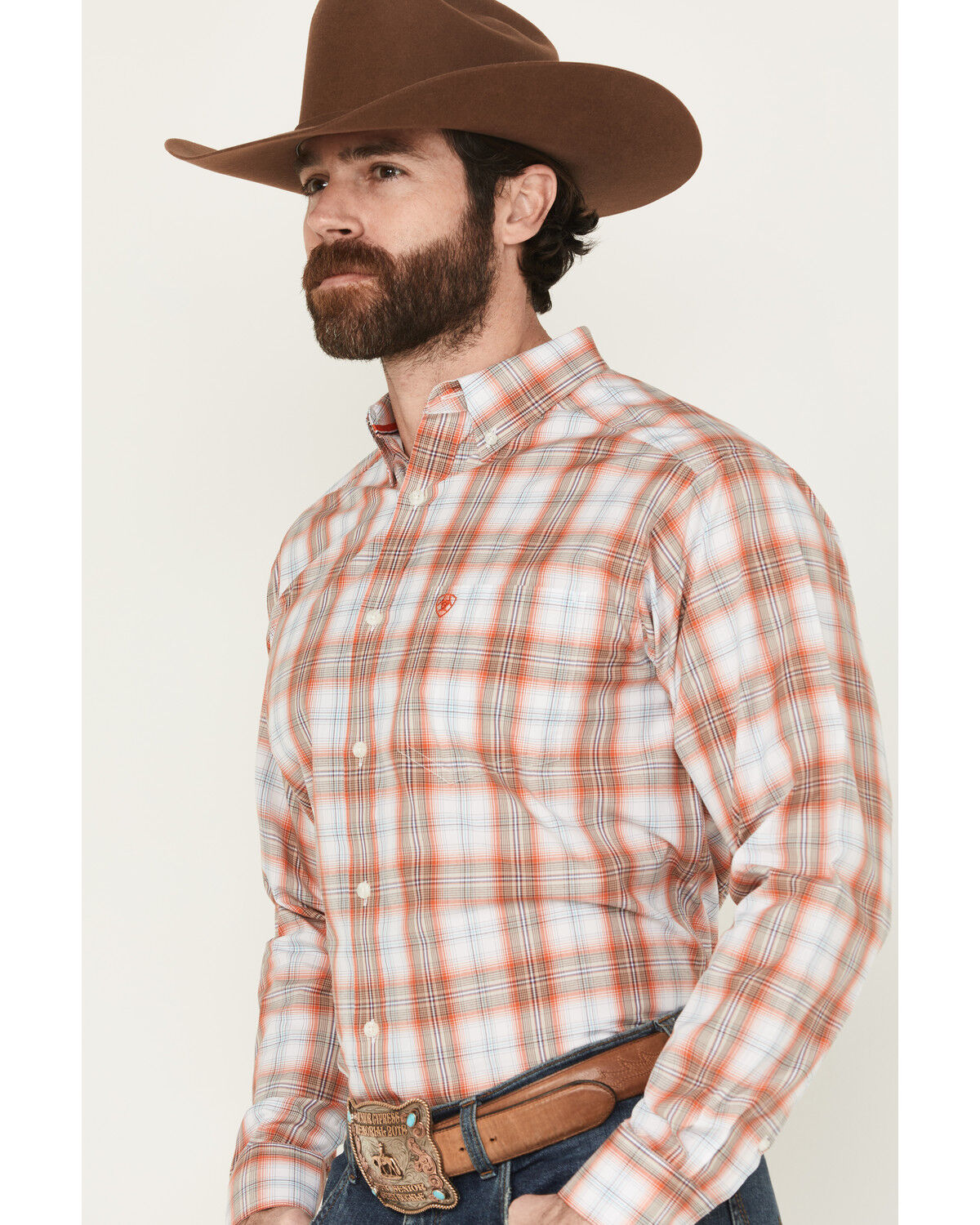 Image #2 - Ariat Men's Wallis Pro Series Plaid Print Long Sleeve Button-Down Stretch Western Shirt, Orange, hi-res