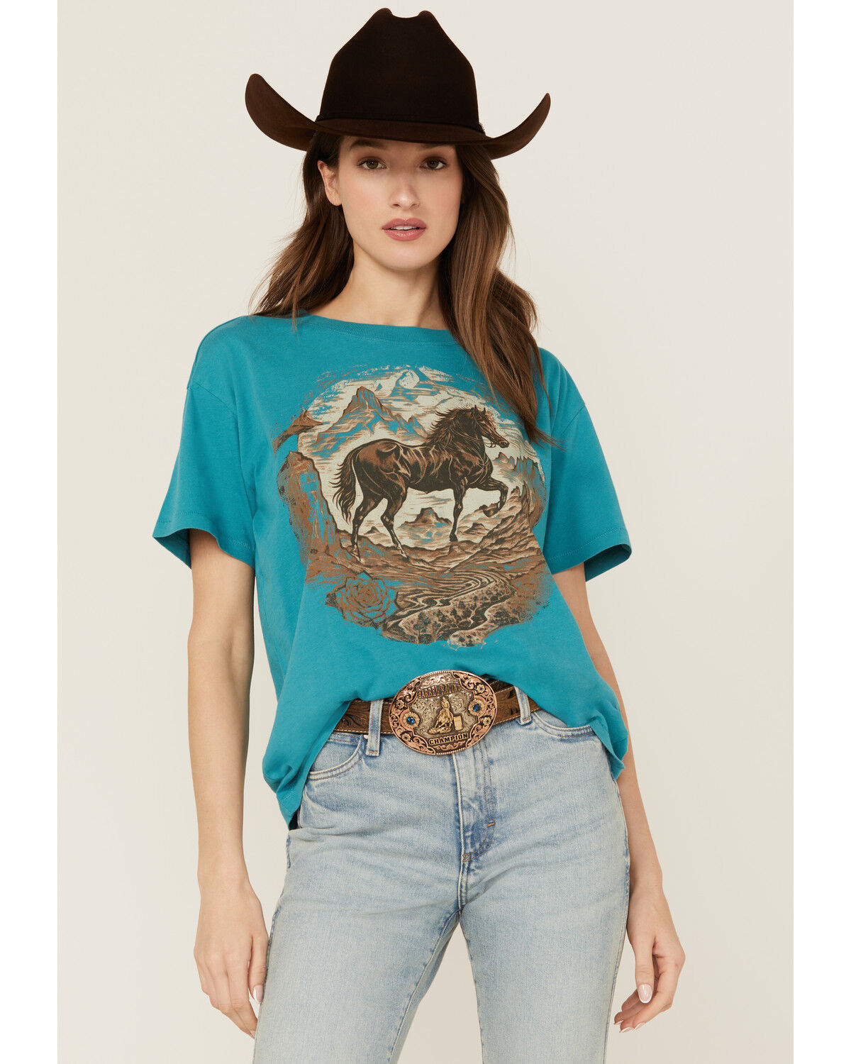 Image #1 - Shyanne Women's Horse Short Sleeve Graphic Tee, Medium Blue, hi-res