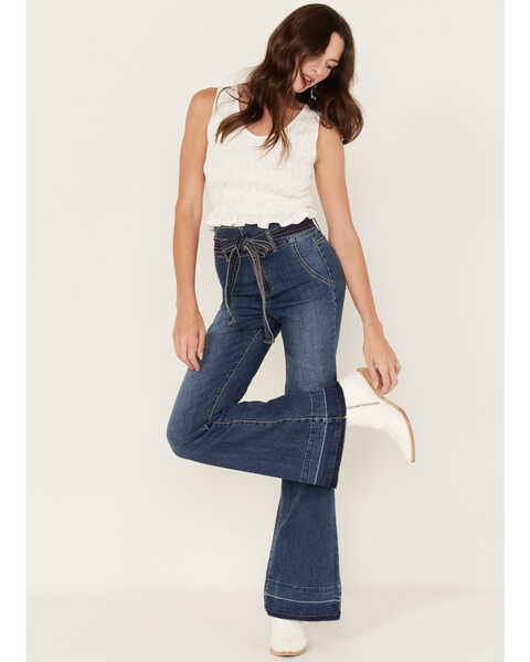 Sneak Peek Women's Medium Wash High Rise Pintuck Flare Jeans, Blue, hi-res