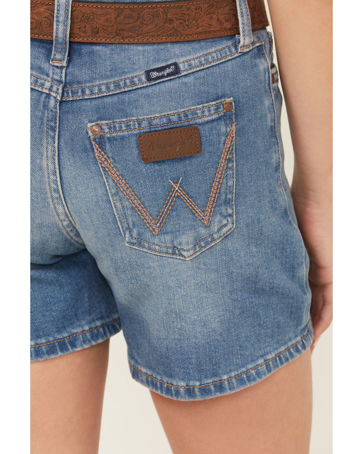 Image #4 - Wrangler Girls' Medium Wash Stretch Denim Shorts, Medium Wash, hi-res