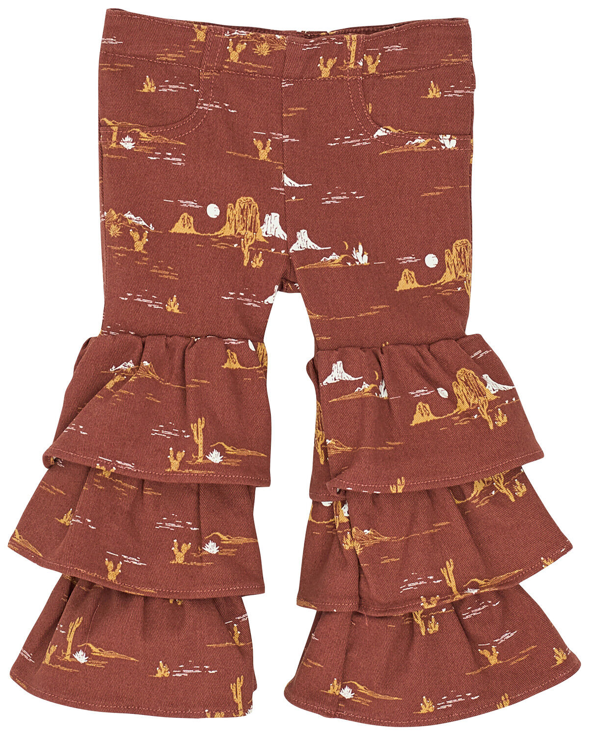 Image #1 - Wrangler Toddler Girls' Conversation Print Tiered Flare Denim Jeans, Brown, hi-res