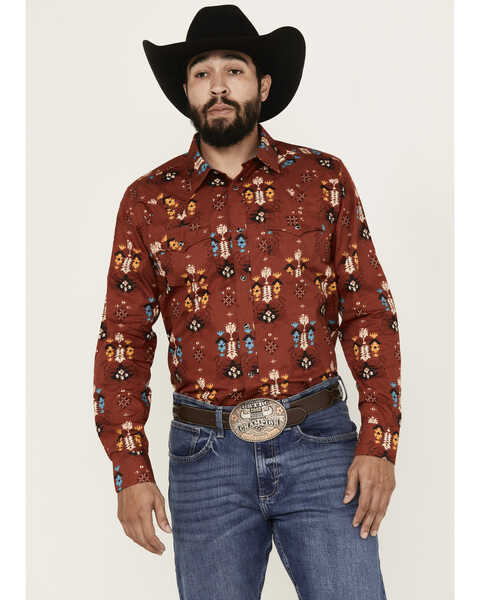 Cody James Men's Firewater Southwestern Print Long Sleeve Snap Western Shirt , Red, hi-res