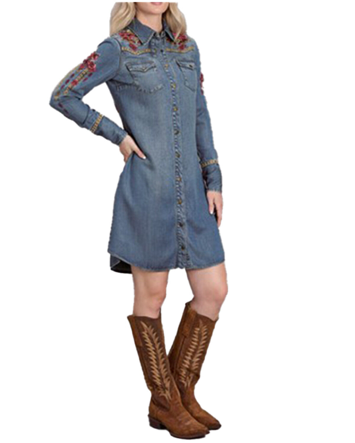 Image #2 - Stetson Women's Medium Wash Long Sleeve Embroidered Snap Denim Mini Dress, Medium Wash, hi-res