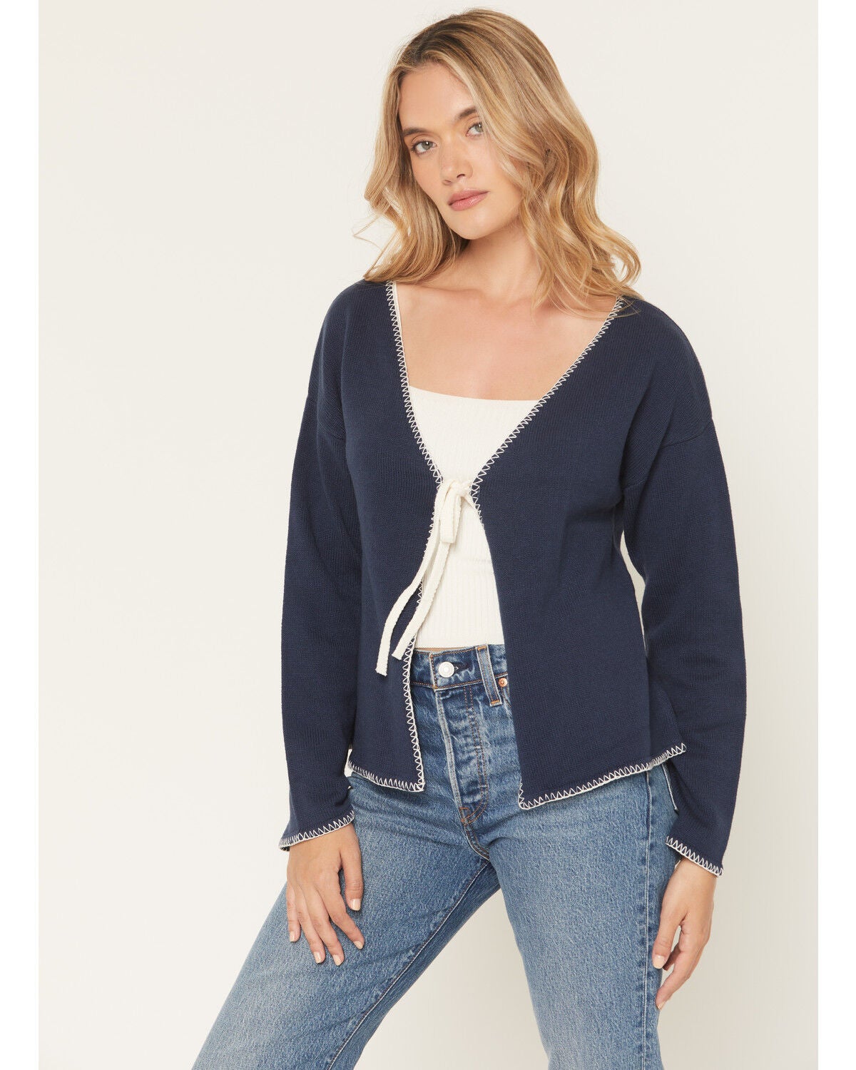 Originality Women's Whip Stitch Tie Front Sweater, Blue, hi-res