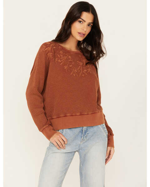 Image #1 - Cleo + Wolf Women's Embroidered Thermal Knit Top, Rust Copper, hi-res