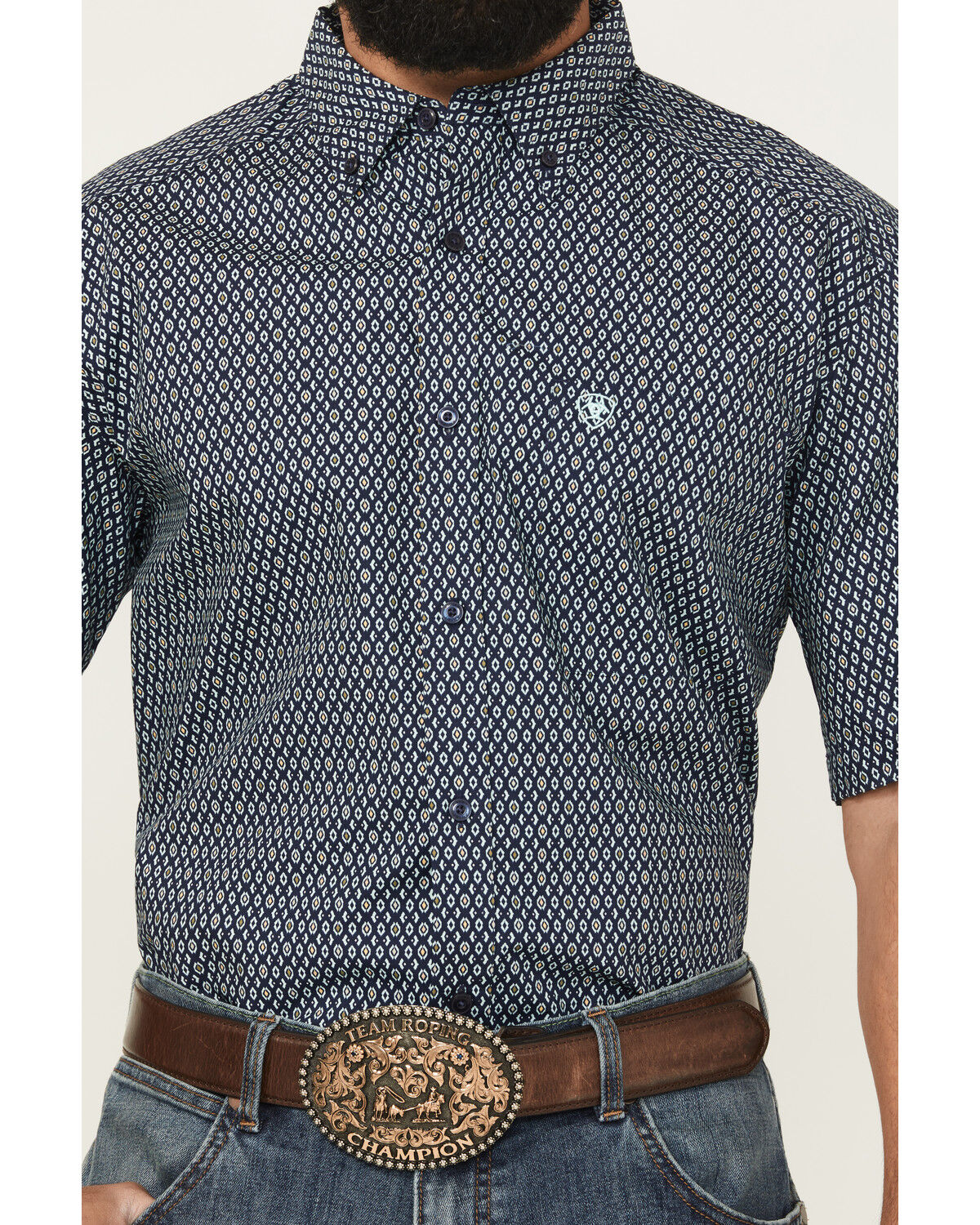 Image #3 - Ariat Men's Clark Geo Print Short Sleeve Button-Down Western Shirt, Navy, hi-res