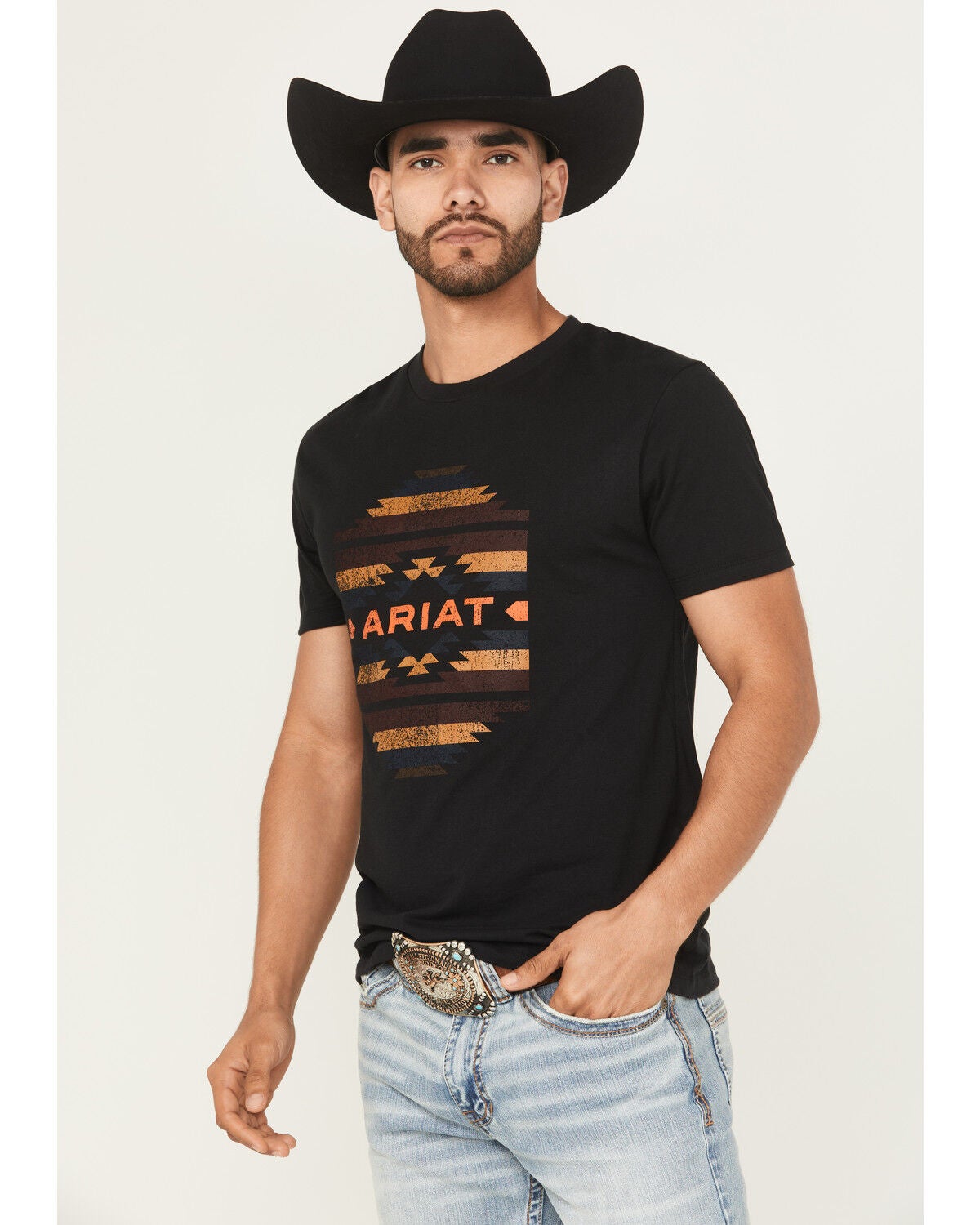 Image #1 - Ariat Men's Boot Barn Exclusive Zapoteco Geo Print Logo Short Sleeve Graphic T-Shirt, Black, hi-res