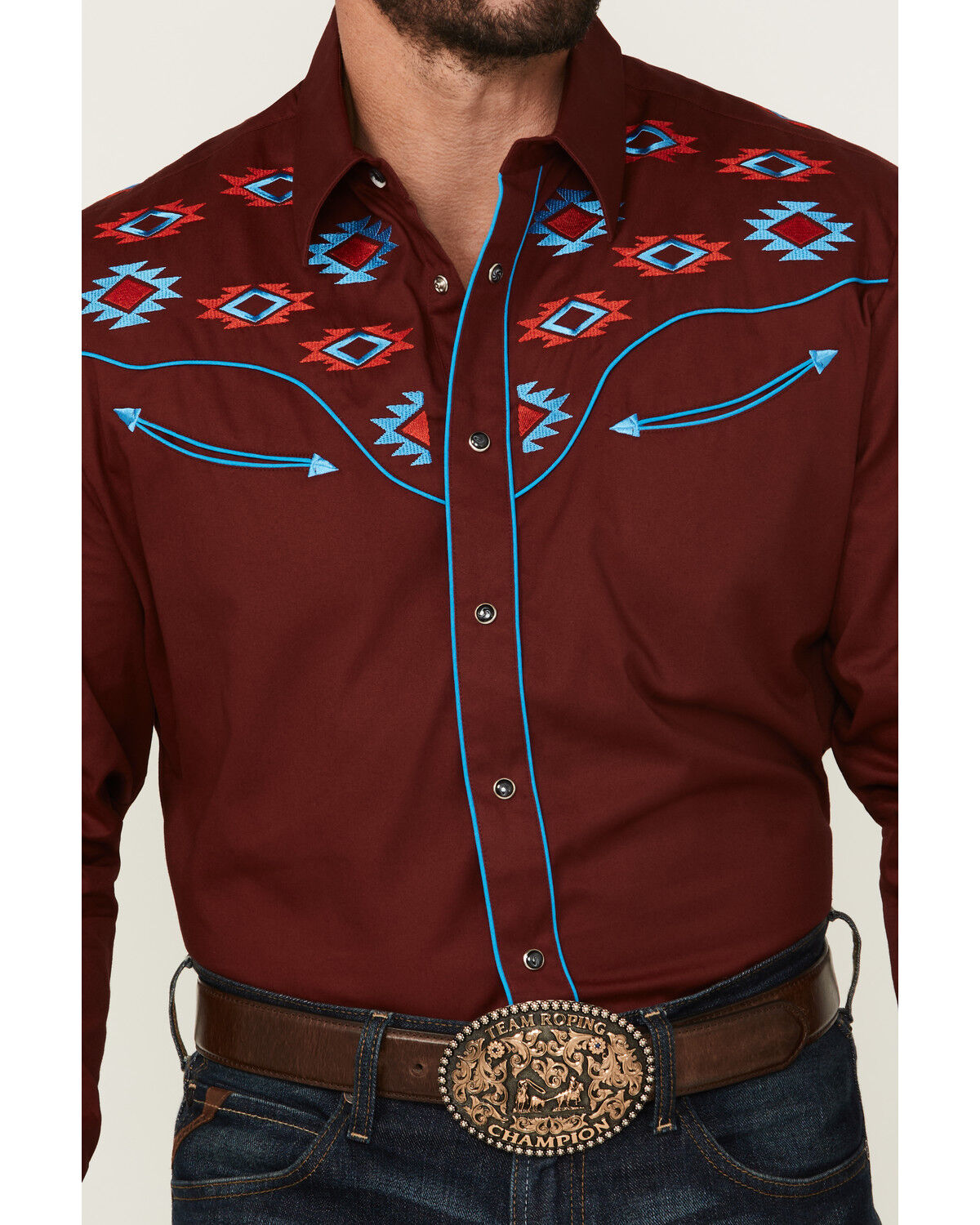 Image #3 - Rodeo Clothing Men's Embroidered Yoke Long Sleeve Snap Western Shirt, Burgundy, hi-res