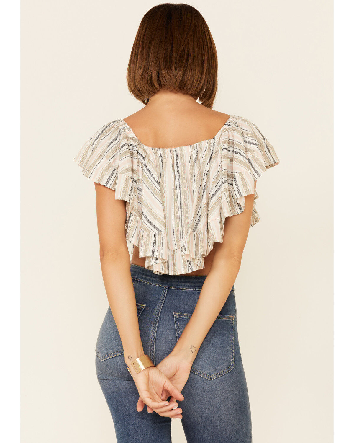 Image #3 - Angie Women's Stripe Butterfly Short Sleeve Crop Top, Cream, hi-res