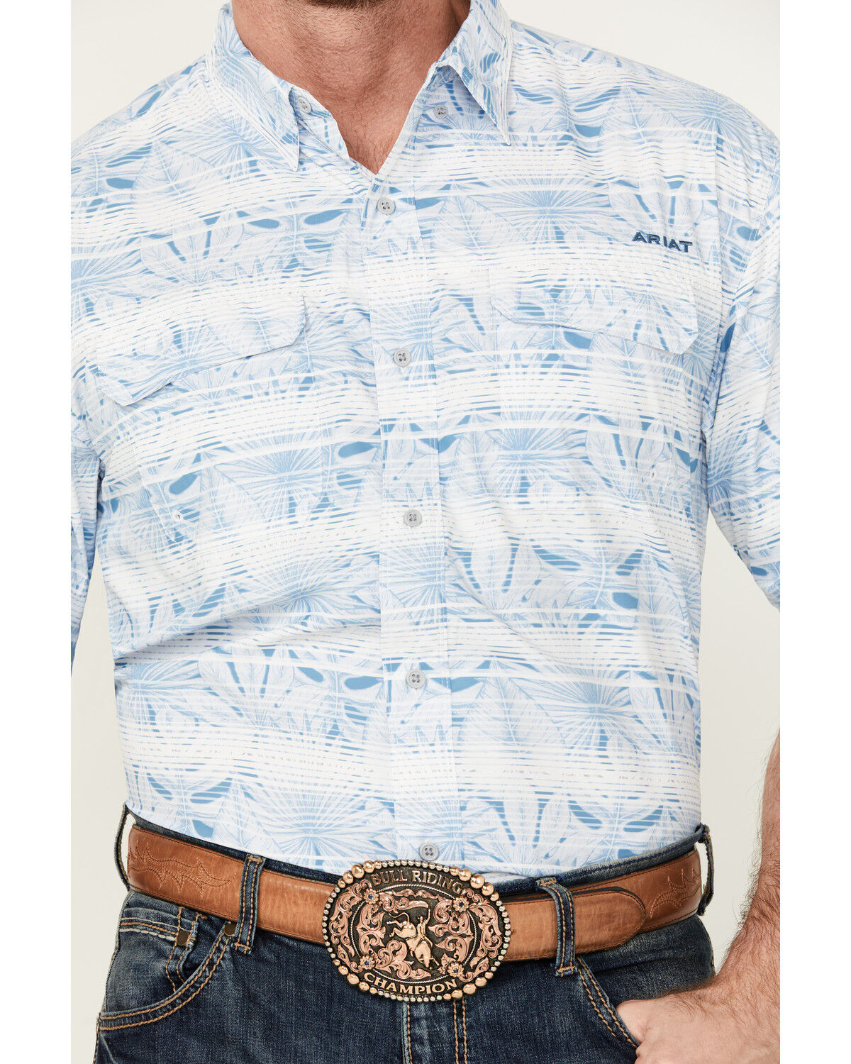 Image #3 - Ariat Men's VentTEK Outbound Striped Leaf Print Short Sleeve Performance Shirt - Tall, Light Blue, hi-res