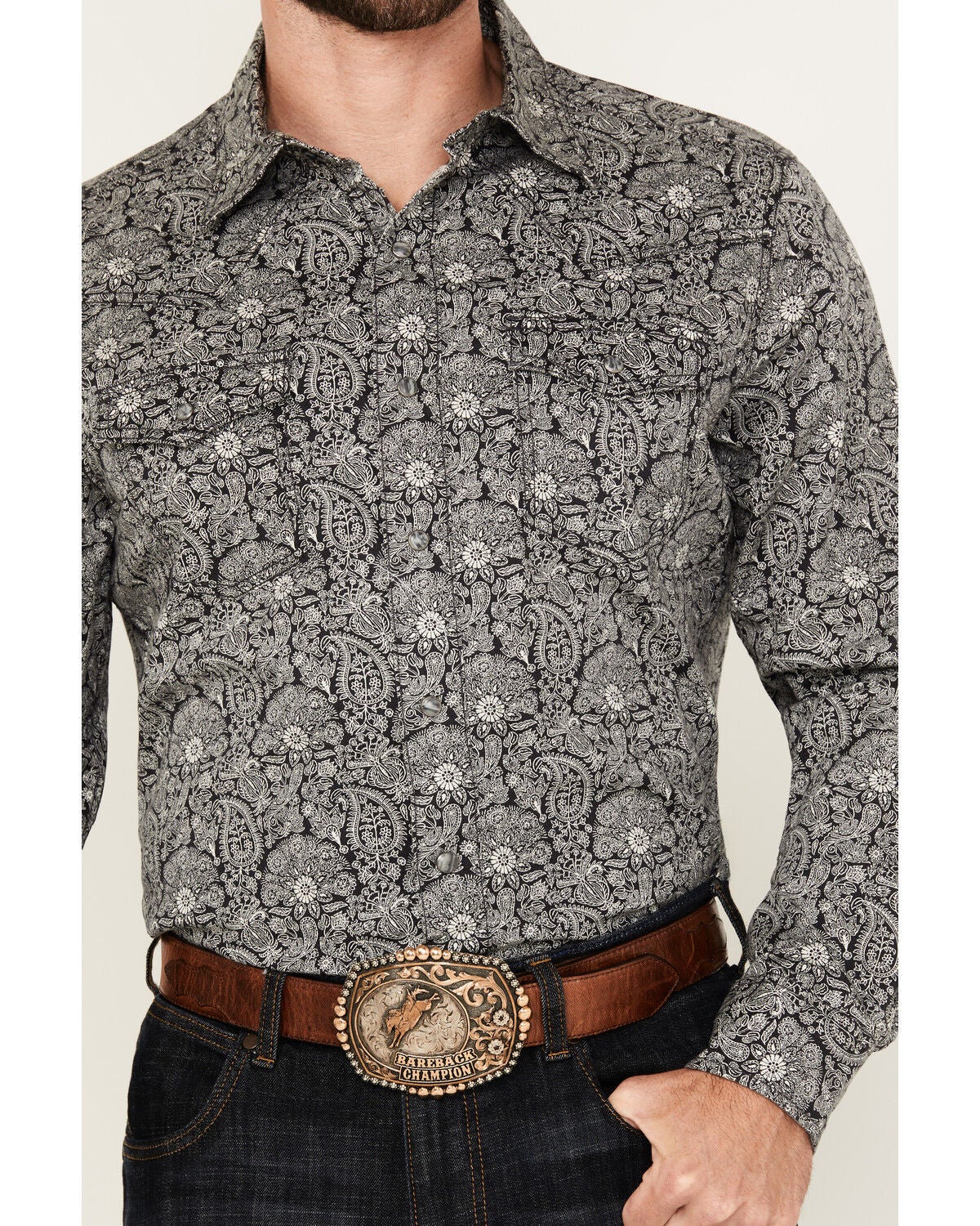 Image #3 - Wrangler Retro Men's Paisley Print Long Sleeve Snap Western Shirt, Navy, hi-res