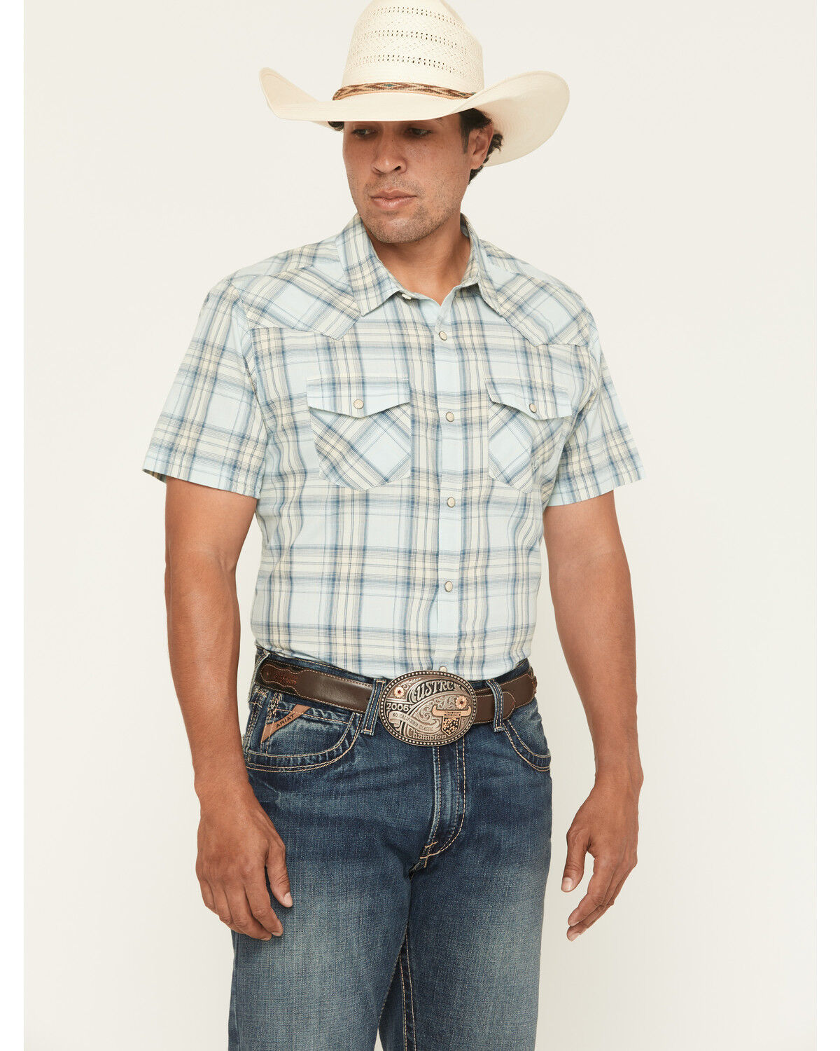 Image #1 - Ariat Men's Hinkle Retro Fit Plaid Print Short Sleeve Snap Western Shirt, Aqua, hi-res