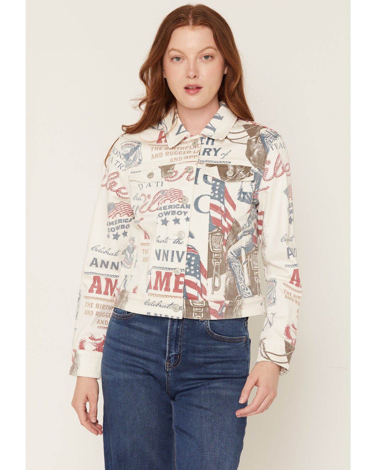 Shyanne Women's Vintage Cowboy Printed Denim Jacket, Ivory, hi-res
