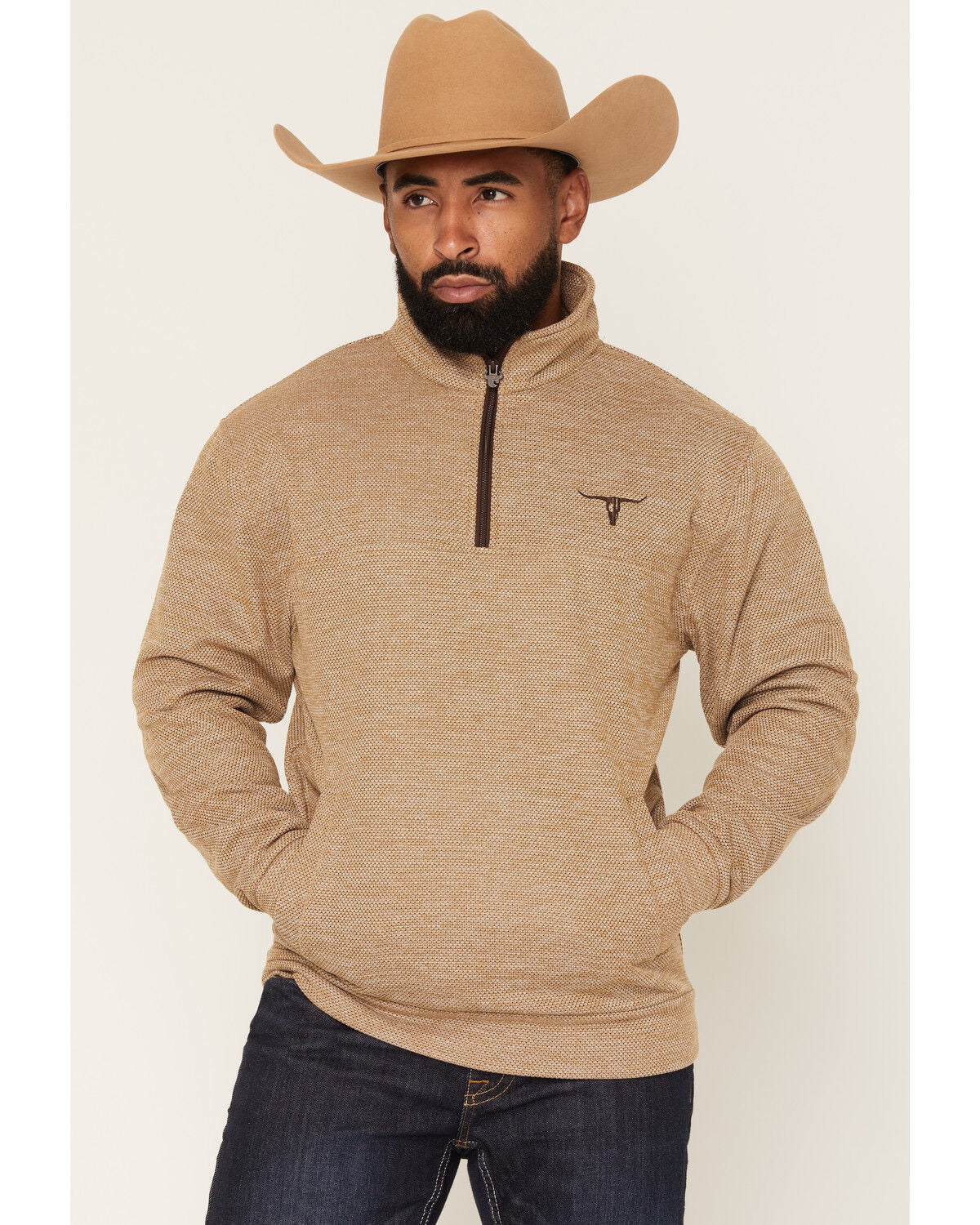 Image #1 - Cowboy Hardware Men's Steer Head Heathered 1/4 Zip Pullover, Tan, hi-res