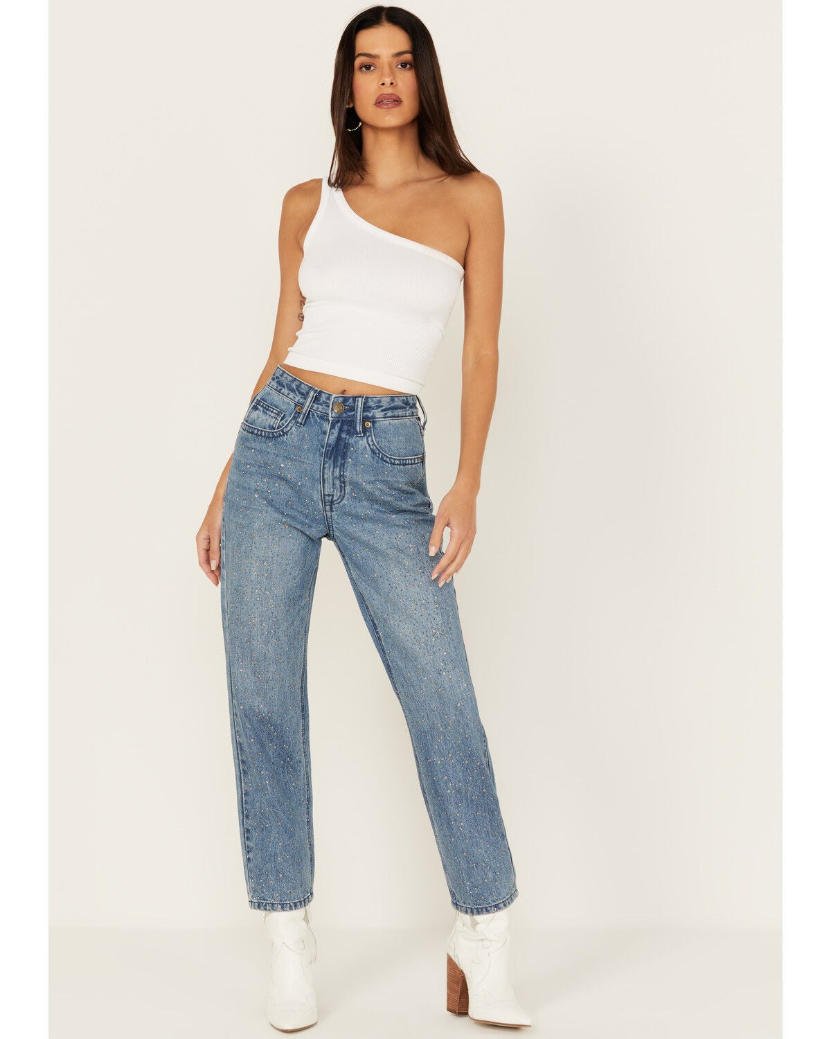 Rock & Roll Denim Women's Medium Wash High Rise Rhinestone Cropped Straight Jeans, Medium Wash, hi-res