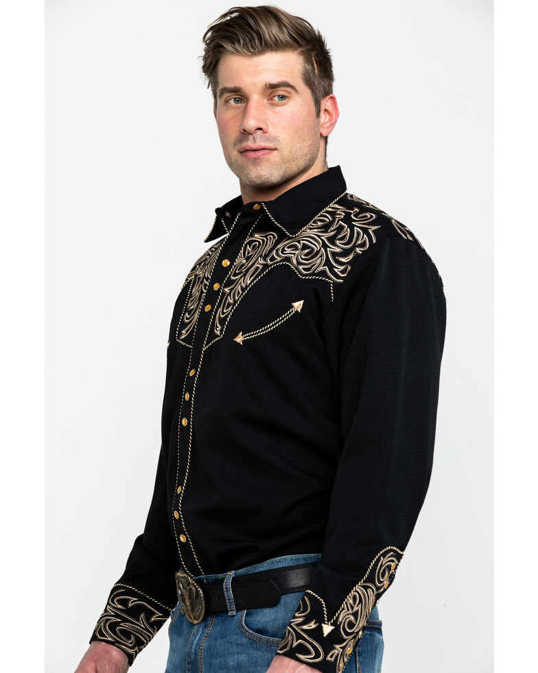 Scully Men's Black Embroidered Scroll Long Sleeve Western Shirt, Black, hi-res