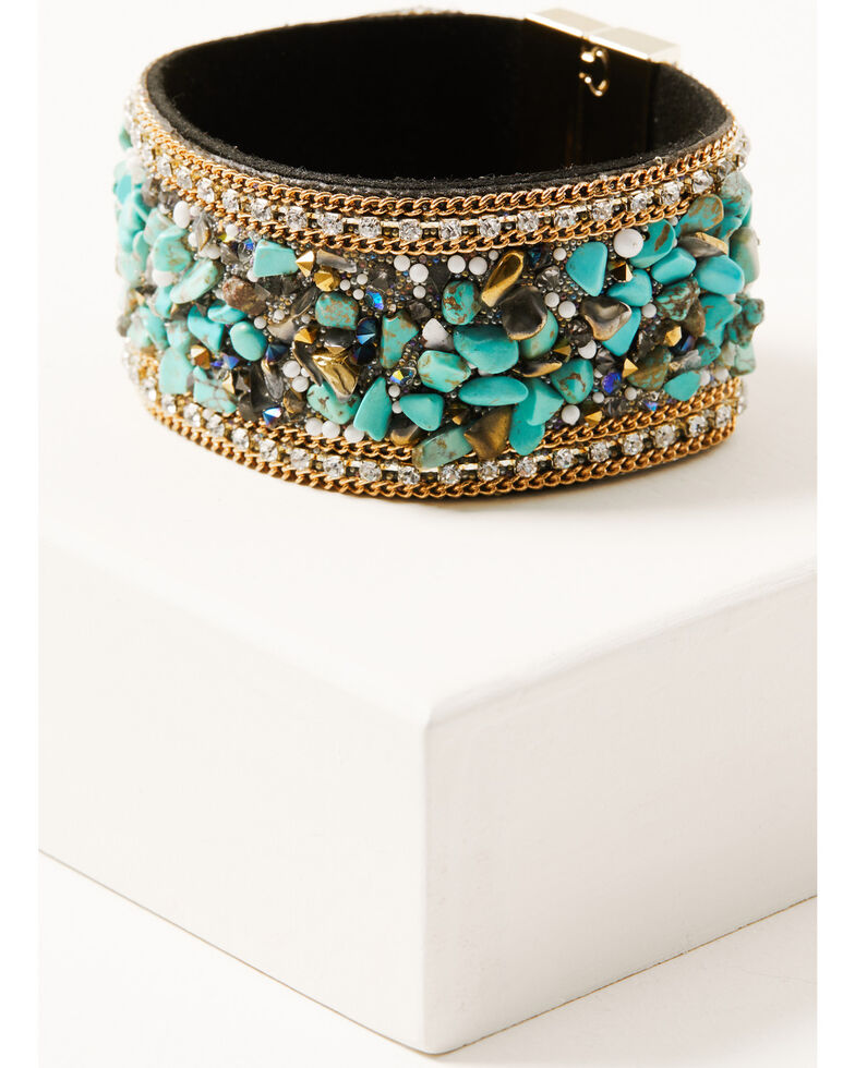 Prime Time Jewelry Women's Gold Chain Rhinestone Turquoise Beaded Cuff Bracelet, Turquoise, hi-res