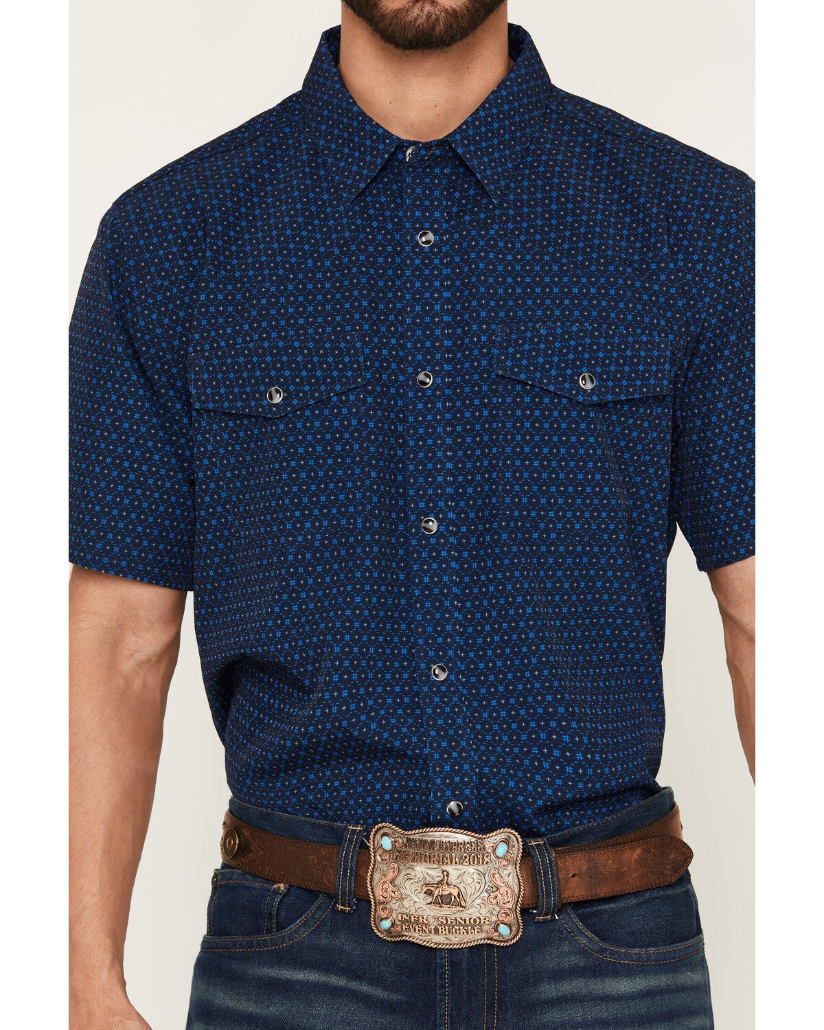 Image #3 - RANK 45&reg; Men's Sky Grid Geo Print Rodeo Tech 2.0 Short Sleeve Snap Western Shirt, Navy, hi-res