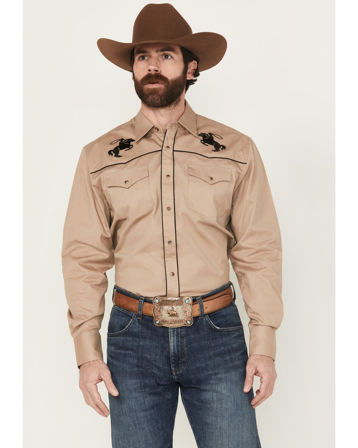 Rodeo Clothing Men's Solid Embroidered Long Sleeve Snap Western Shirt, Tan, hi-res