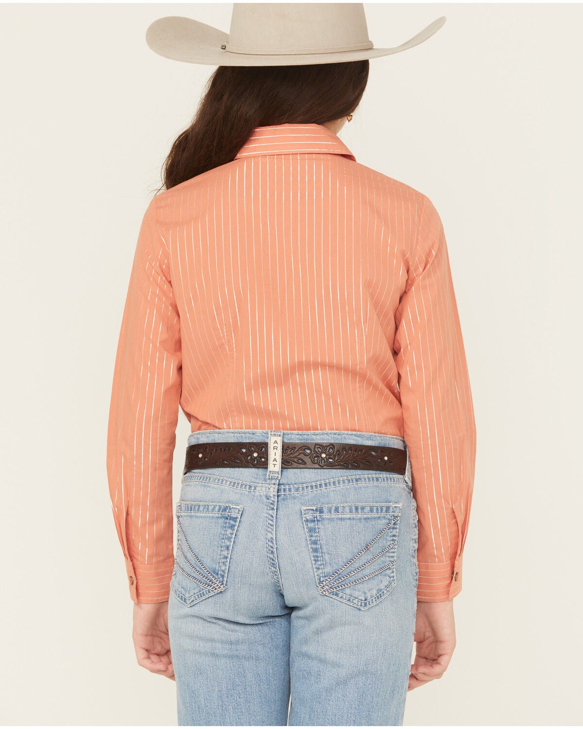 Image #4 - Cruel Girl Girls' Striped Long Sleeve Pearl Snap Western Shirt, Coral, hi-res