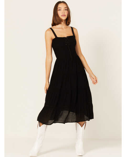 Sadie & Sage Women's Can't Wait Sleeveless Corset Tiered Midi Dress, Black, hi-res