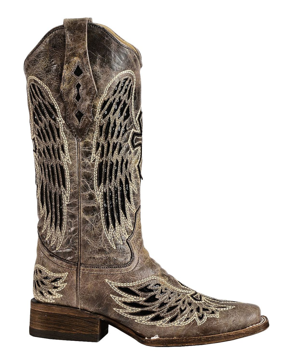 Image #2 - Corral Women's Sequin Wing & Cross Inlay Western Boots - Square Toe, Black, hi-res